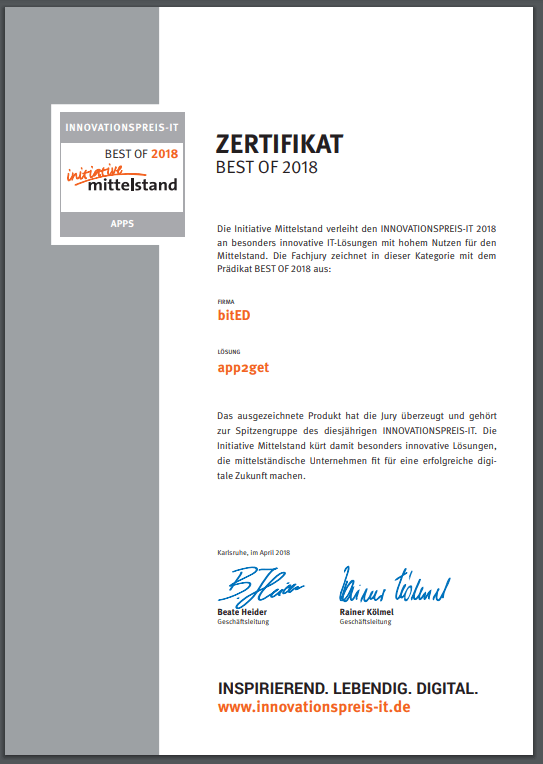Innovationspreis-app2get-2018 für Digitale Speisekarte