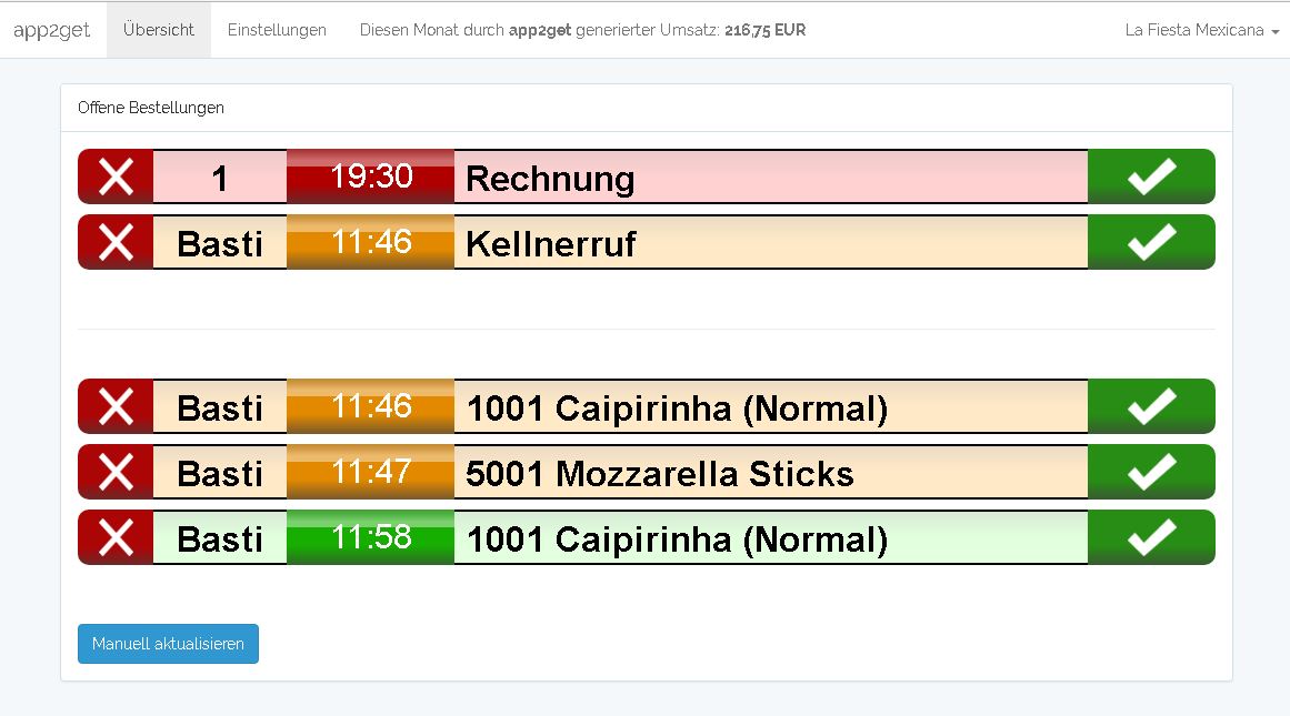 An der Theke kommen die Bestellungen von der Digitalen Speisekarte app2get an und werden vom Kellner nach einer Sichtkontrolle freigegeben.