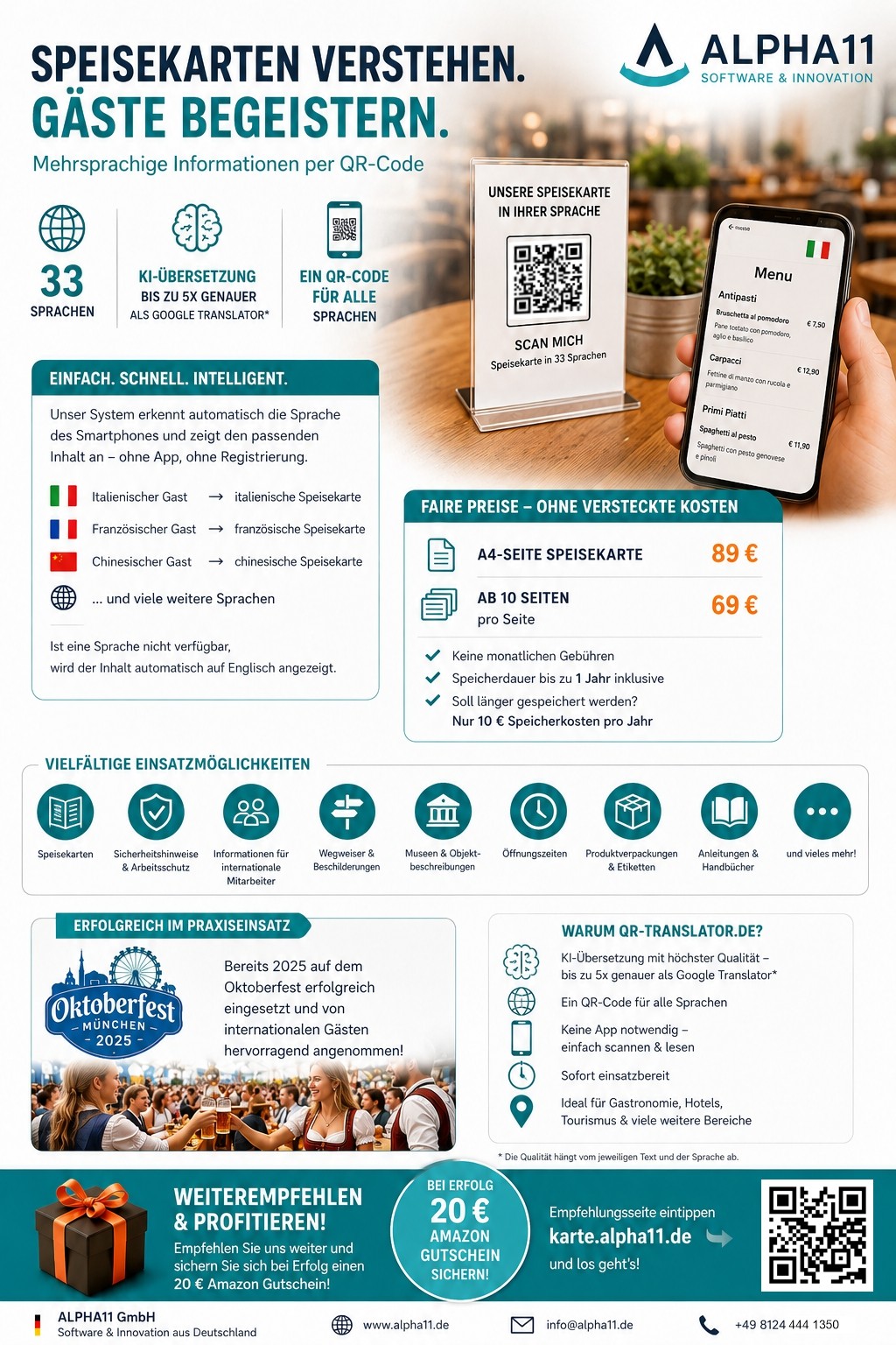 Gastronomie Infofyler QR-Translator Speisekarten in 33 Sprachen übersetzen Alpha11